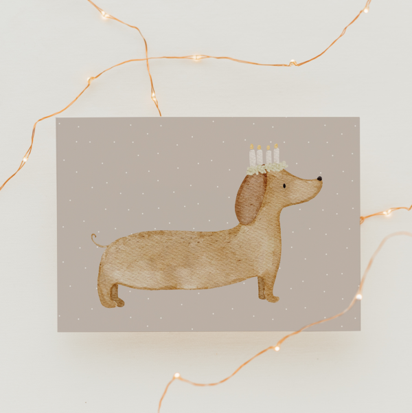 Hej Hanni Postkarte Weihnachten Dackel mit Lichterkrone